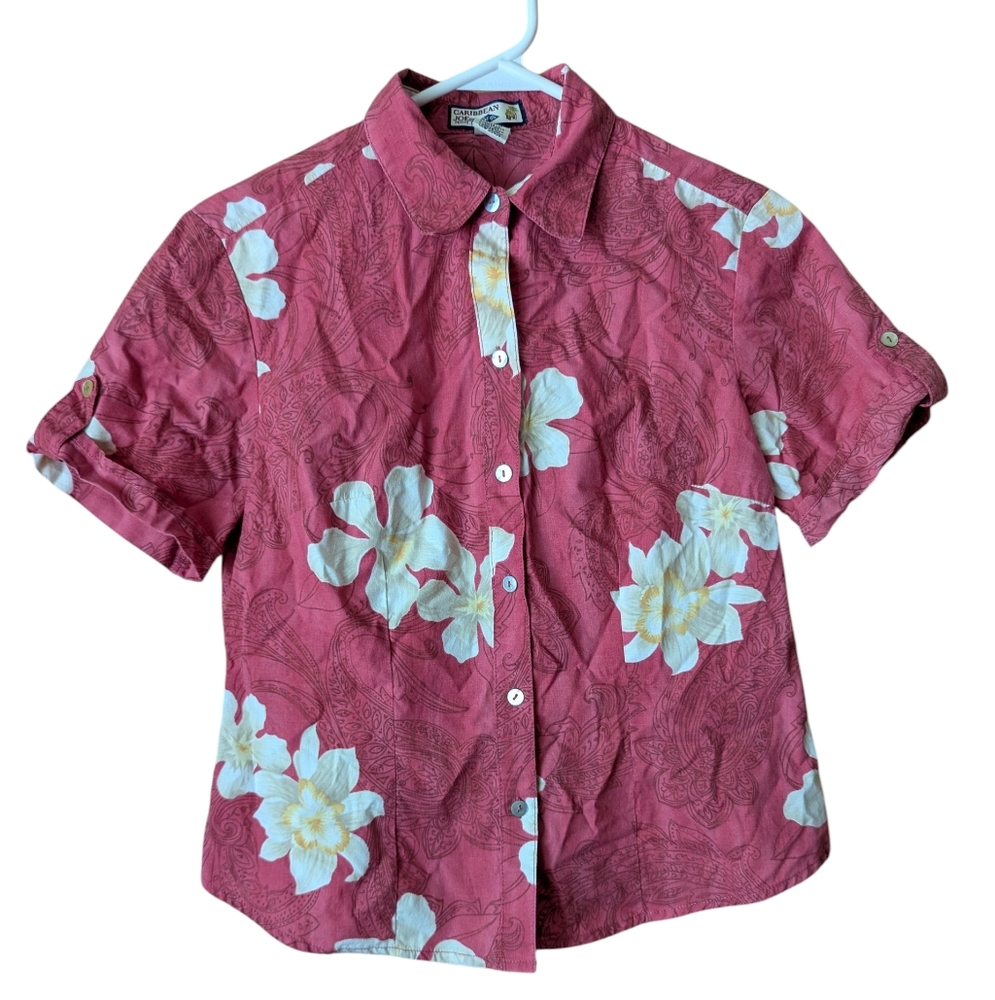 Caribbean Joe petite  Hawaiian women's button down Shirt peach PS